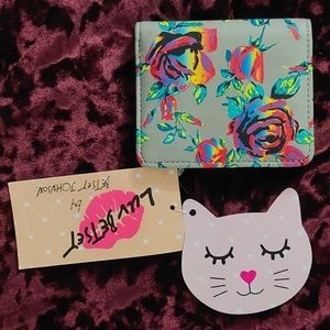 NWT LUV Betsey Johnson Mini Wallet Grey w/ Neon Roses.  LBMONEYG